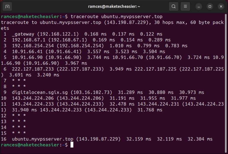 A terminal showing a basic traceroute to a small VPS.