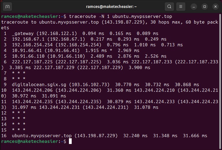 A terminal showing a traceroute with simultaneous packets disabled.