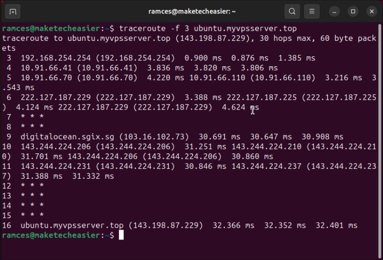 A terminal showing a traceroute where the program skips the first two gateways.