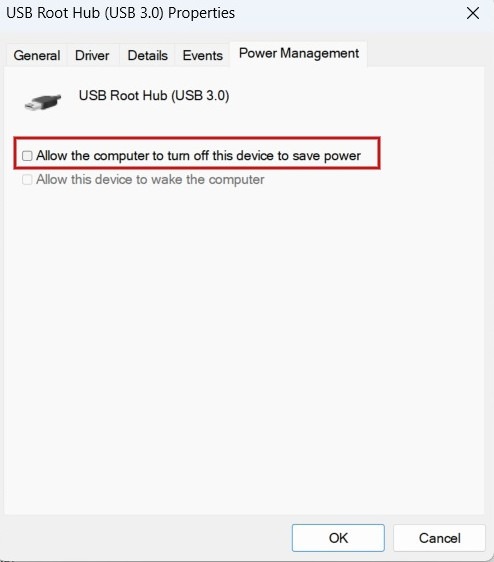 Disabling "Allow the computer to turn off this device to save power" in USB Properties window.