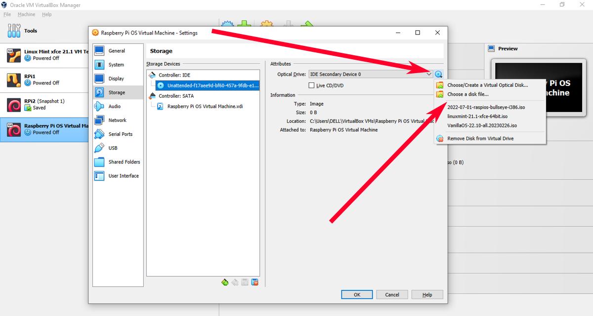 Virtualbox Raspberry Pi Os Virtual Machine Settings Selecting New Image Iso