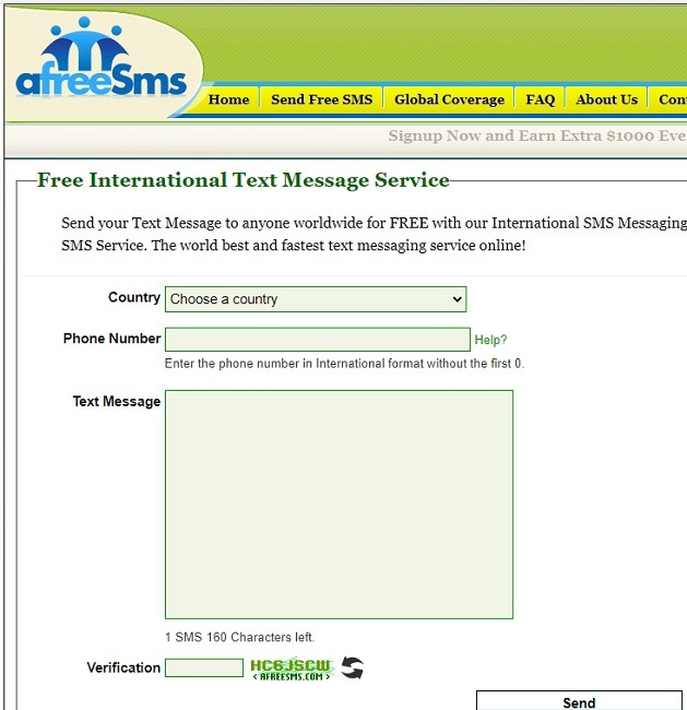 Sending a text message on A Free SMS.