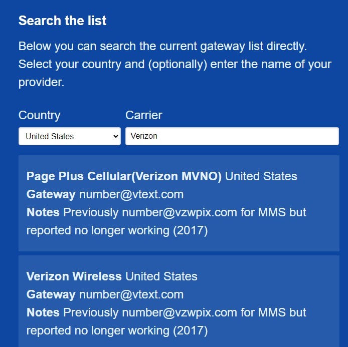 Looking up carrier gateways on Email to SMS website.