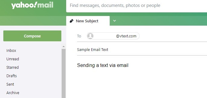 Sending a text message in Yahoo Mail to a Verizon recipient.