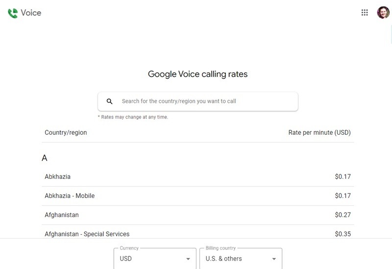Google Voice calling rates outside the US.