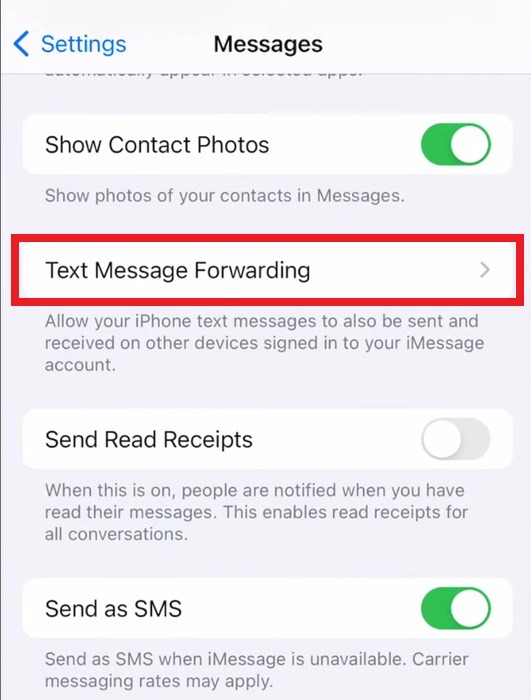 Set up text message forwarding on iPhone.