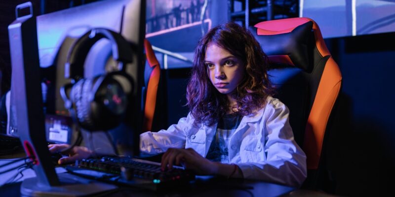 Girl in active gaming session.