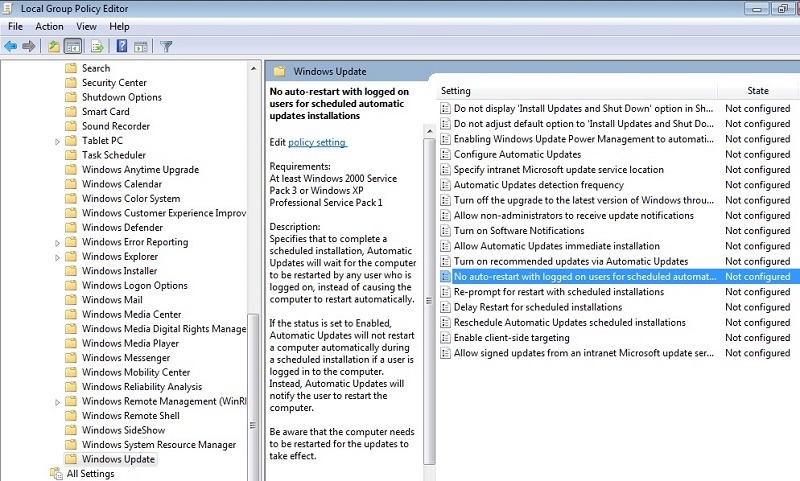 NoAutoRestart shown as "Not configured" in Local Group Policy Editor.