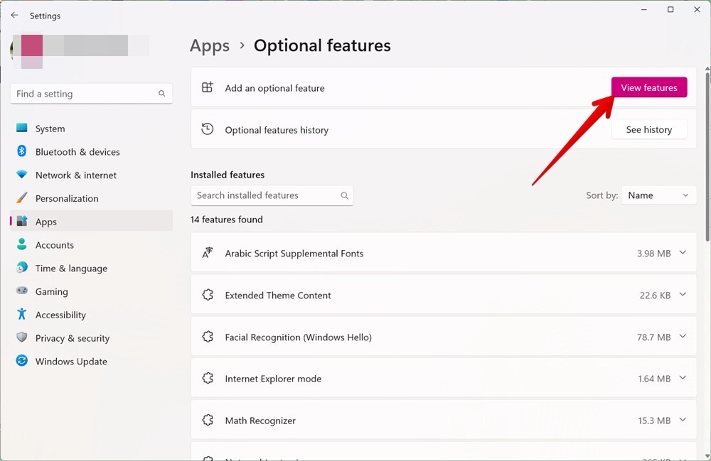 Clicking on "View features" button next to "Add an optional feature" in Windows Settings. 