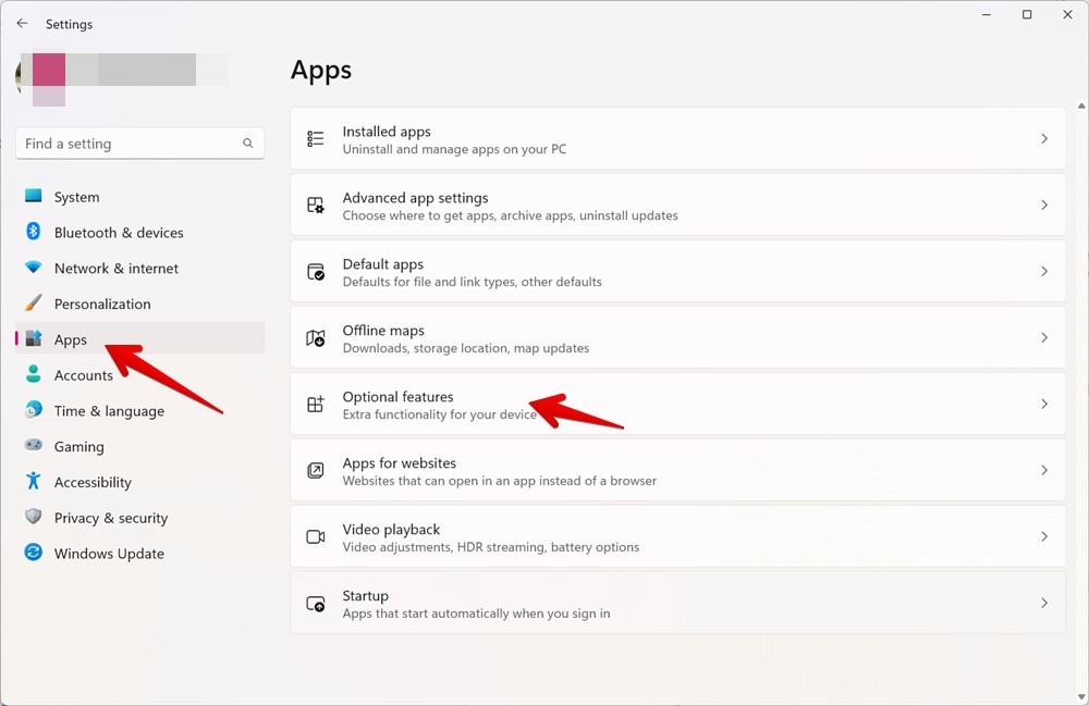 Navigating to "Optional features" under Apps in Windows Settings. 