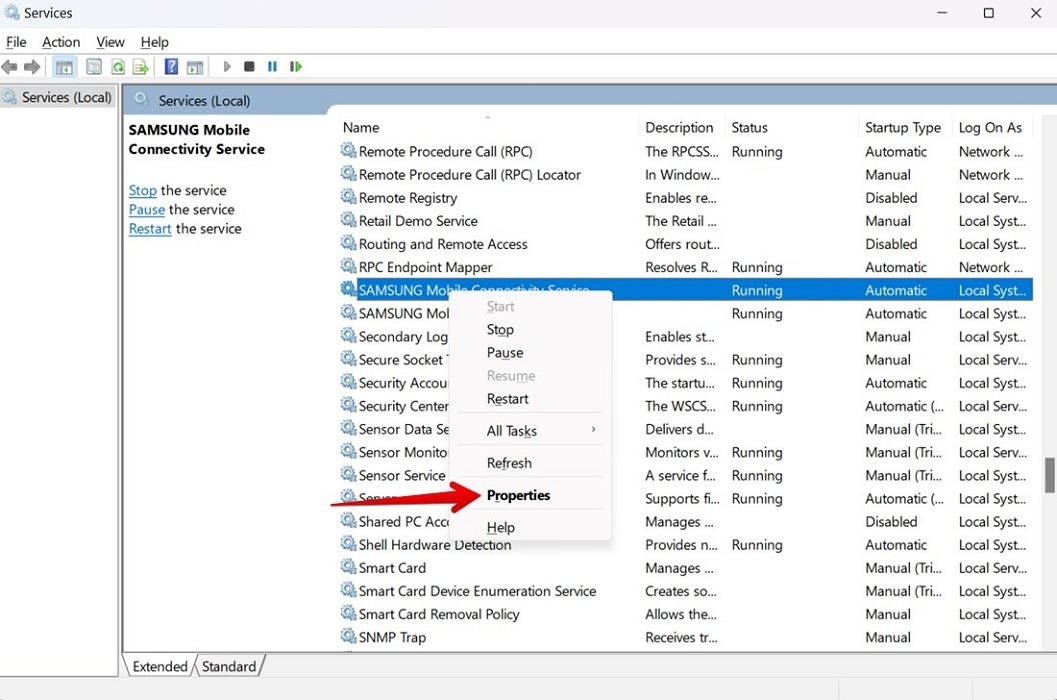 Properties option from context menu visible for "Samsung Mobile Connectivity Service."