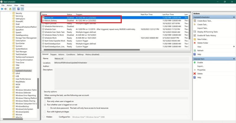 Reboot AC or Reboot Battery in Task Scheduler's UpdateOrchestrator menu. 