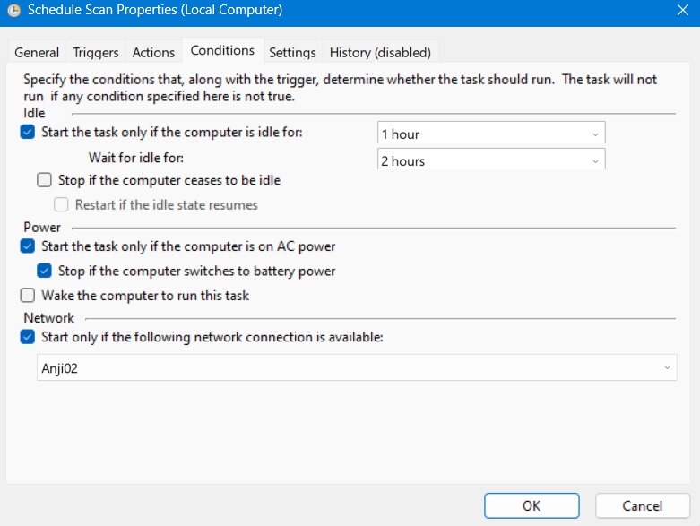 Schedule Scan conditions in Task Scheduler.