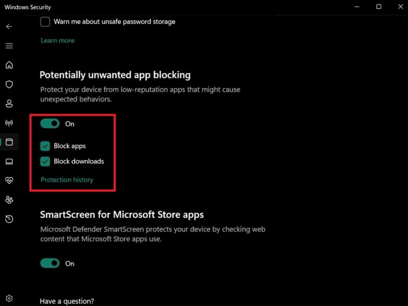 Viewing "Potentially unwanted app block" options in "Reputation-based protection" settings in Windows Security app.