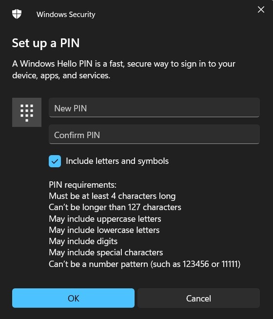 Setting up a new complex PIN with Windows Hello.