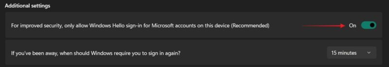 Enabling only Windows Hello sign-in options for Microsoft accounts via Windows Settings.