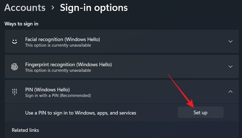 Clicking "Set up" button for PIN (Windows Hello) in Windows Settings.