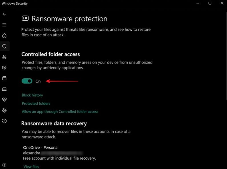 Enabling "Controlled folder access" for Ransomware protection in Windows Security app.