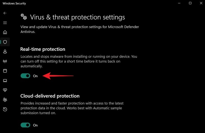 "Real-time protection" option activated in Windows Security.
