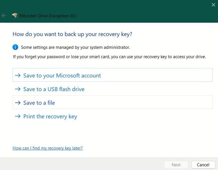 Selecting method to back up recovery key.