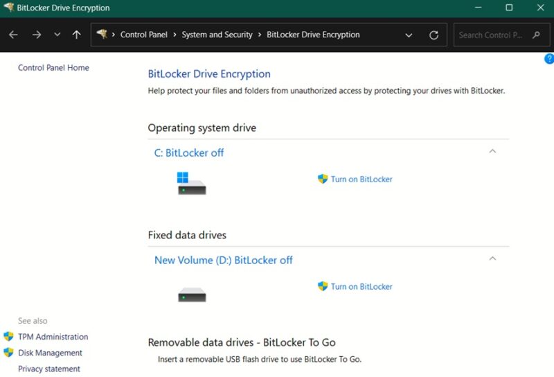 Turning on BitLocker for a data drive on your PC.