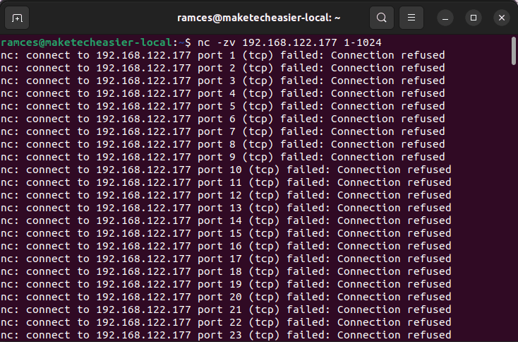 A terminal showing a zero IO bulk port scan with netcat.