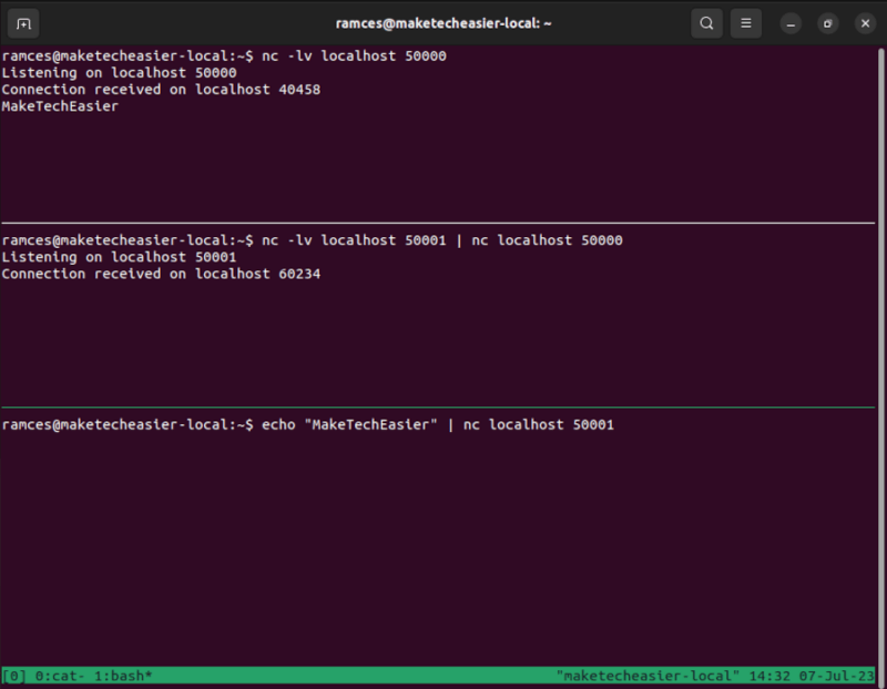 A terminal showing a basic packet relay in action.