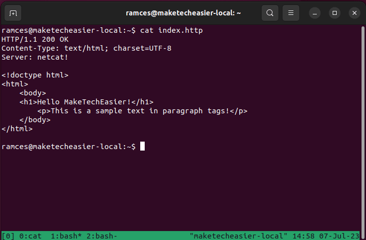 A terminal showing the structure of a simple HTTP response.