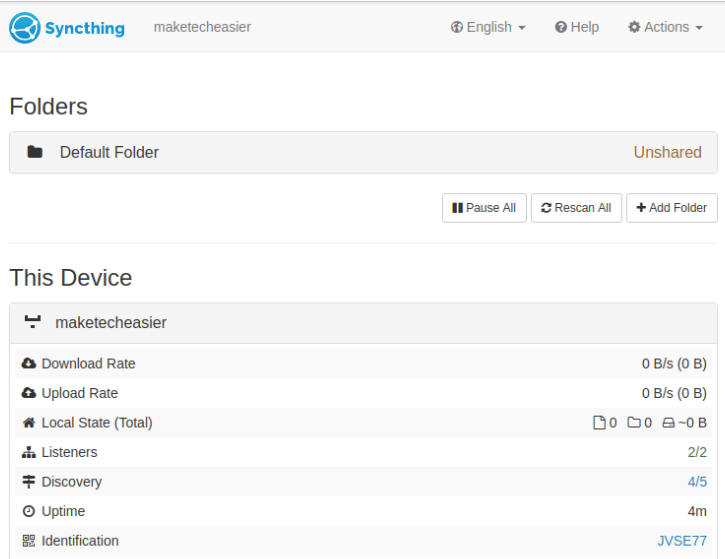 A screenshot of Syncthing running on a node machine.