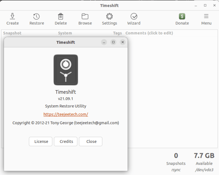 A screenshot of Timeshift running while showing its version number.