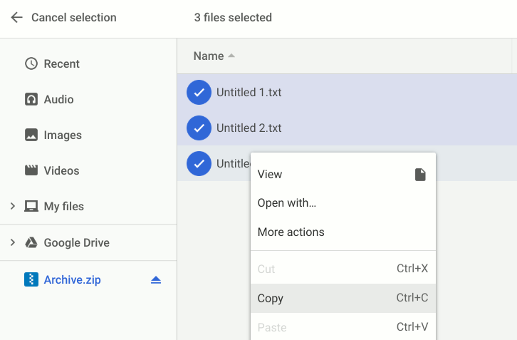 Chromeos Copy Zip Files