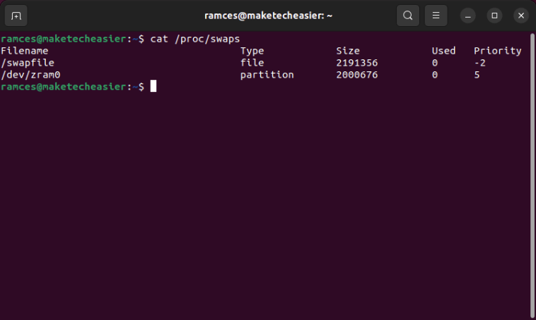 A terminal showing the available swap file and ZRAM block device.