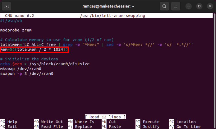 A terminal highlighting the mem variable inside the zram swapping script.