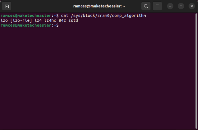 A terminal showing all the available compression algorithms for the ZRAM module.