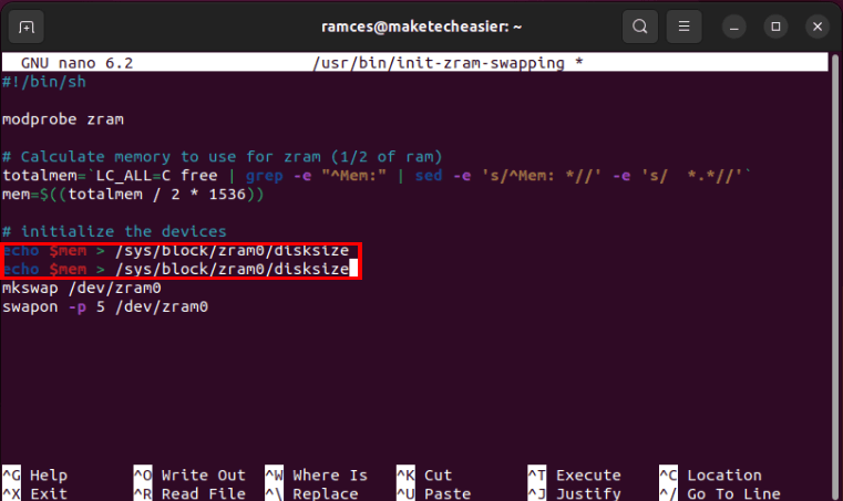 A terminal highlighting the duplicate echo UNIX pipe for the ZRAM block device.