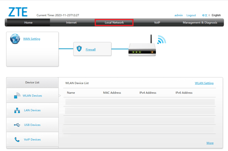 Screenshot of router wifi settings, Local Network