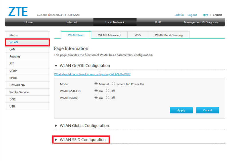 Screenshot of router wifi settings, WLAN SSID Configuration
