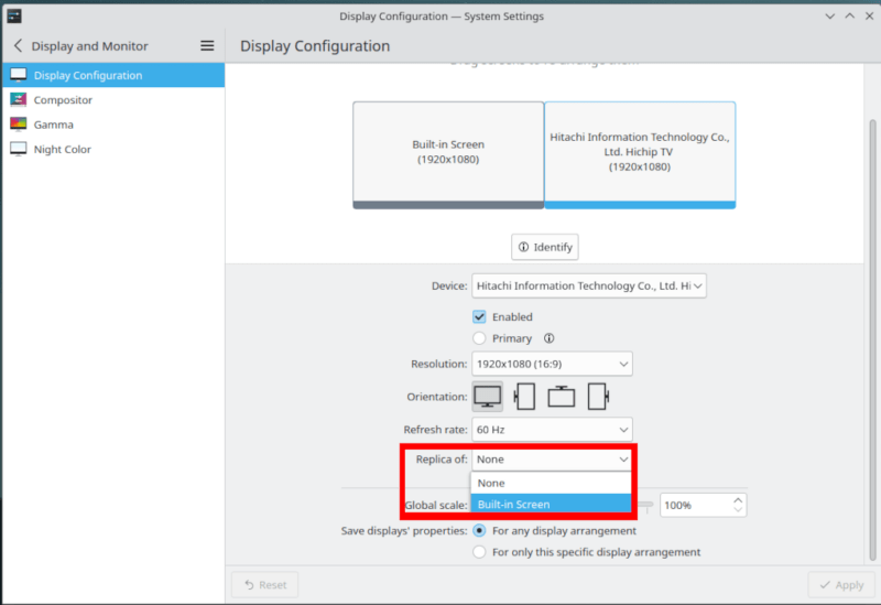 A screenshot highlighting the Replica option for the external display in KDE.