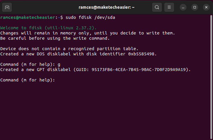 A terminal showing the disklabel setup for fdisk.