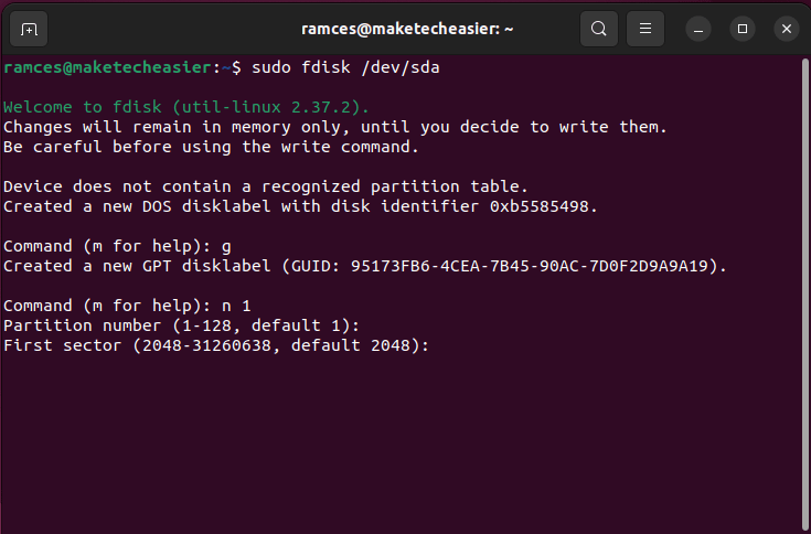 A terminal showing the creation of the first partition in fdisk.