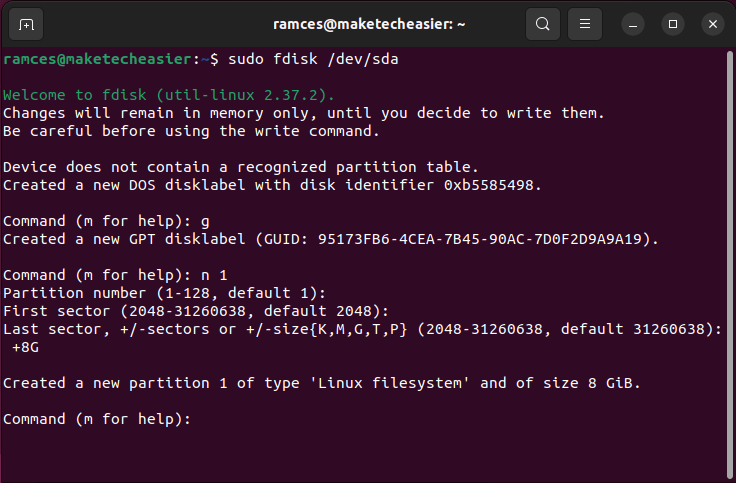 A terminal showing the output for the partition creation process in fdisk.