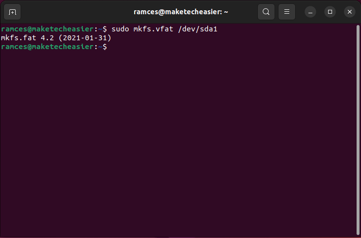 A terminal showing the output of the mkfs.vfat program.