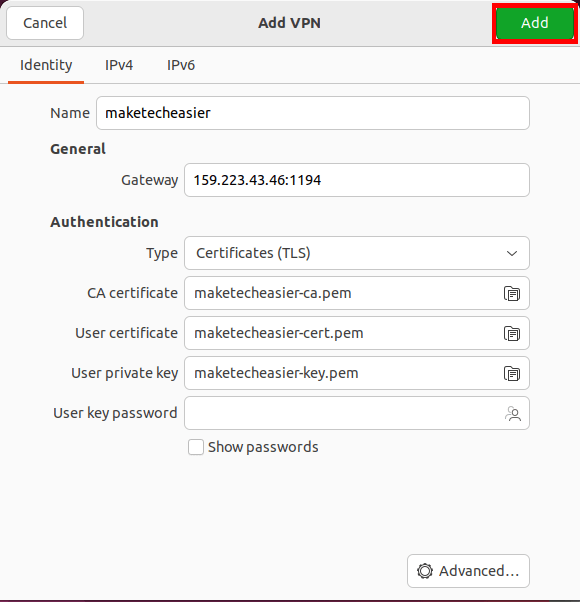 A screenshot showing the details of the OpenVPN server.