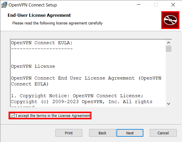 A screenshot showing the License Agreement for the OpenVPN Windows client.