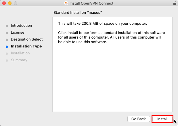 A screenshot showing the installation process for the OpenVPN client in Mac.