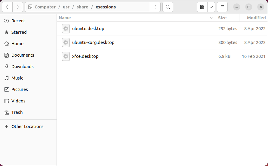 A screenshot of the xsessions folder from GNOME's nautilus file manager.