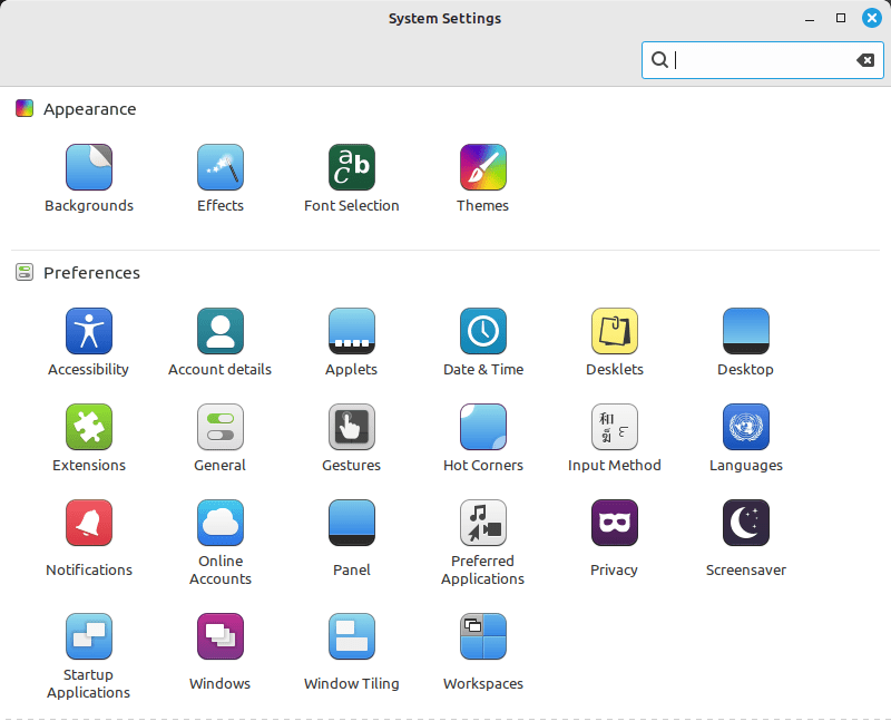 A screenshot showing Linux Mint's System Settings window.