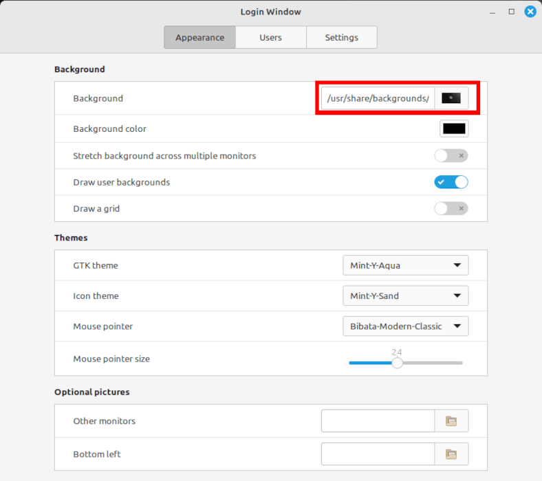 A screenshot showing the LightDM Greeter settings for Slick.