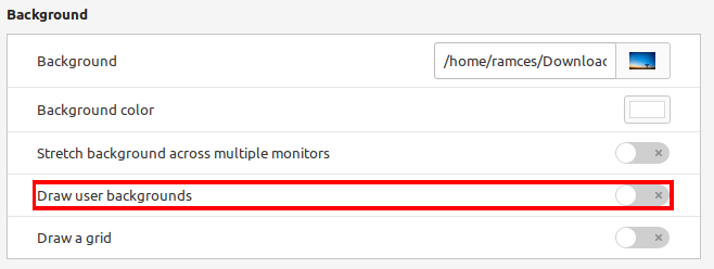 A screenshot highlighting the user backgrounds toggle for Slick LightDM.