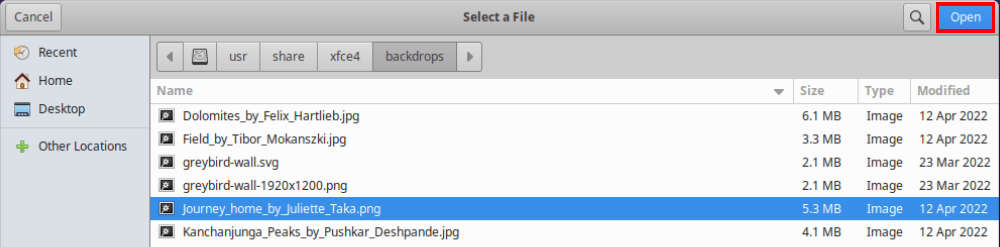 A screenshot showing the file picker for the LightDM custom image.